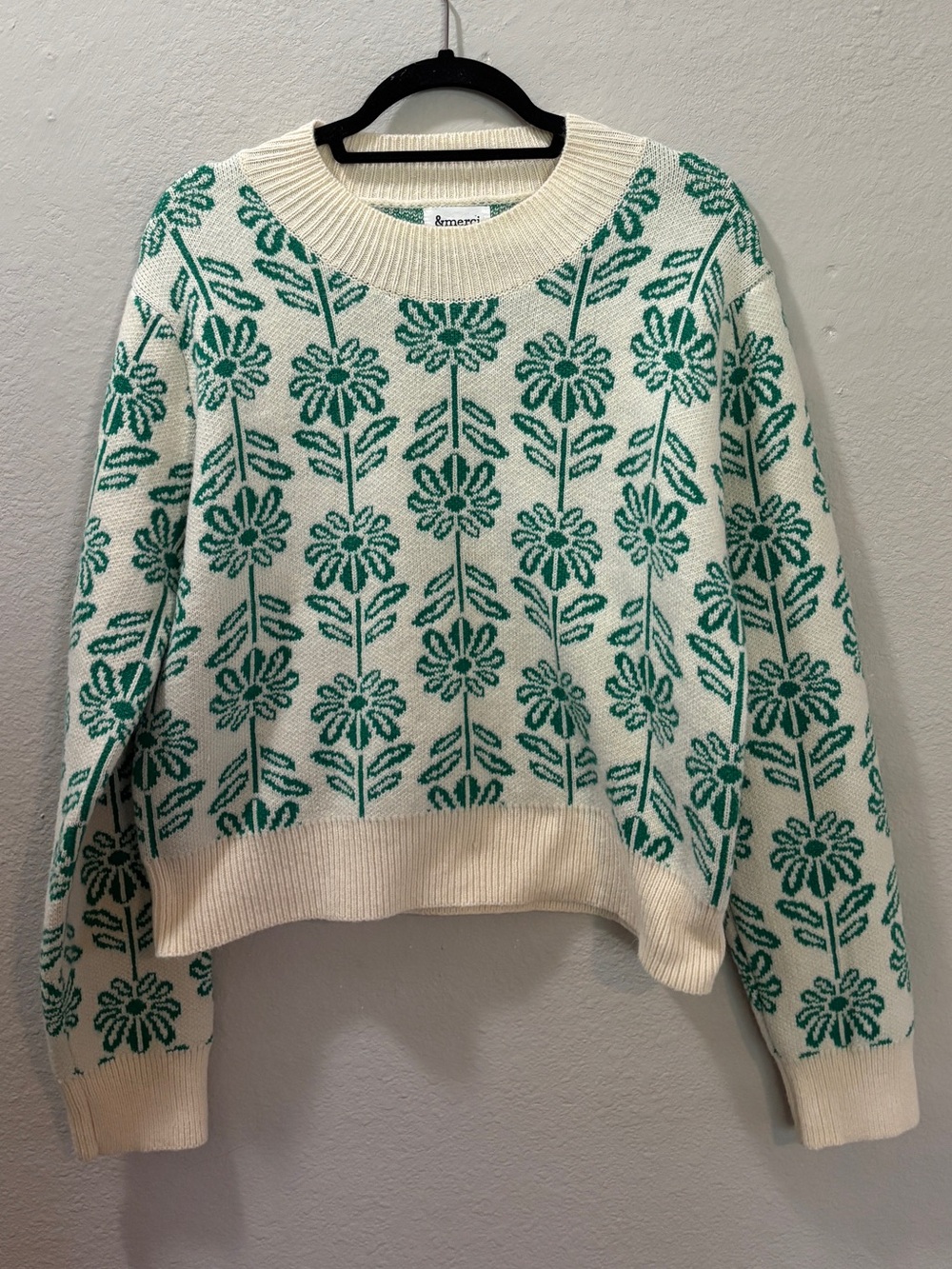 &Merci Cream Green Floral Cottagecore Knit Sweater Size Large